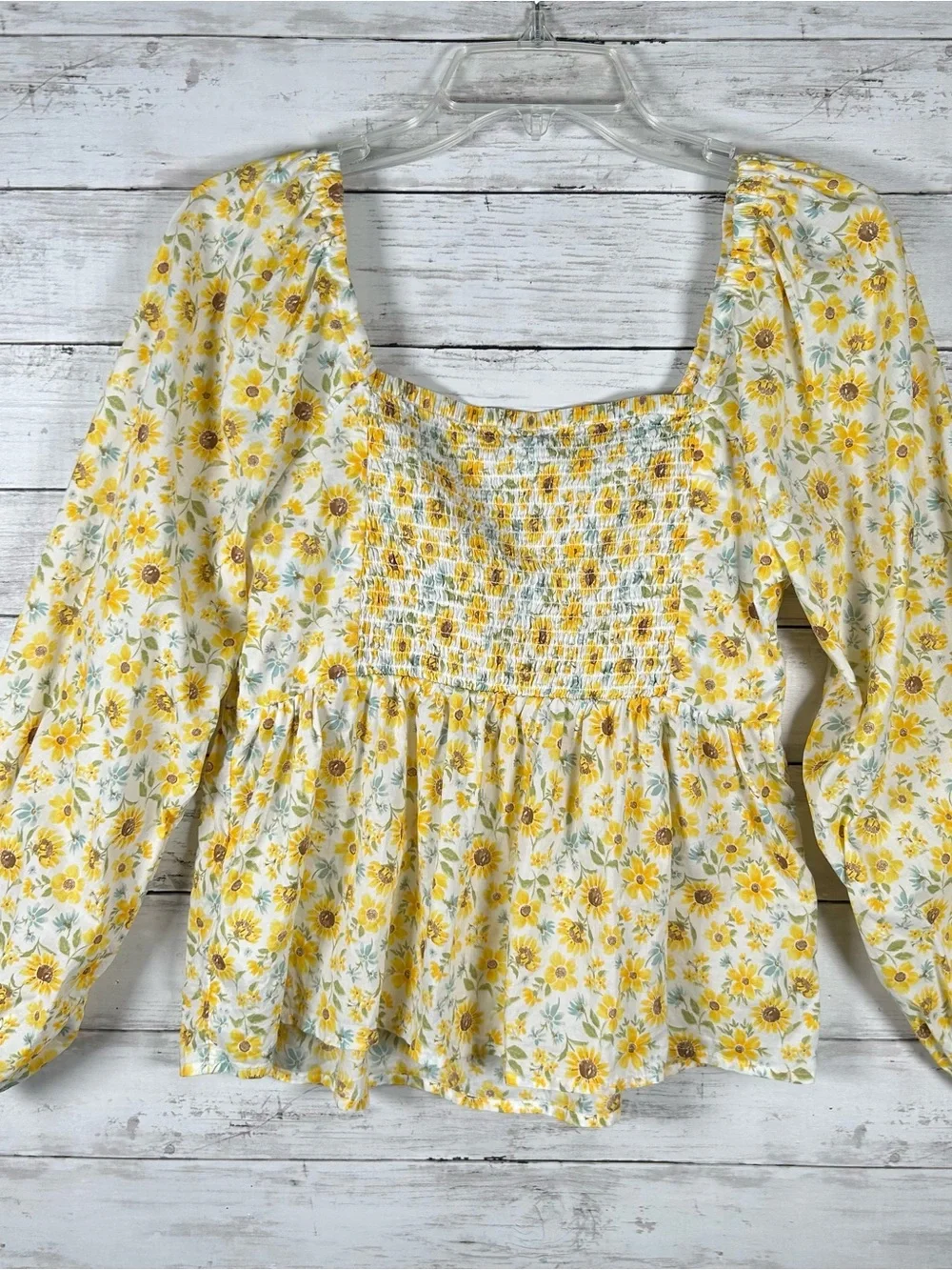 Old Navy Yellow Sunflower Shirred Babydoll Cotton Blouse Top M
